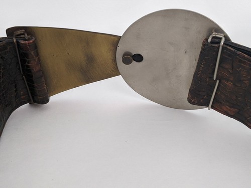 Vtg Womens Belt Leather snake pattern metal brass big buckle Black 70s/ 80s - Picture 9 of 11