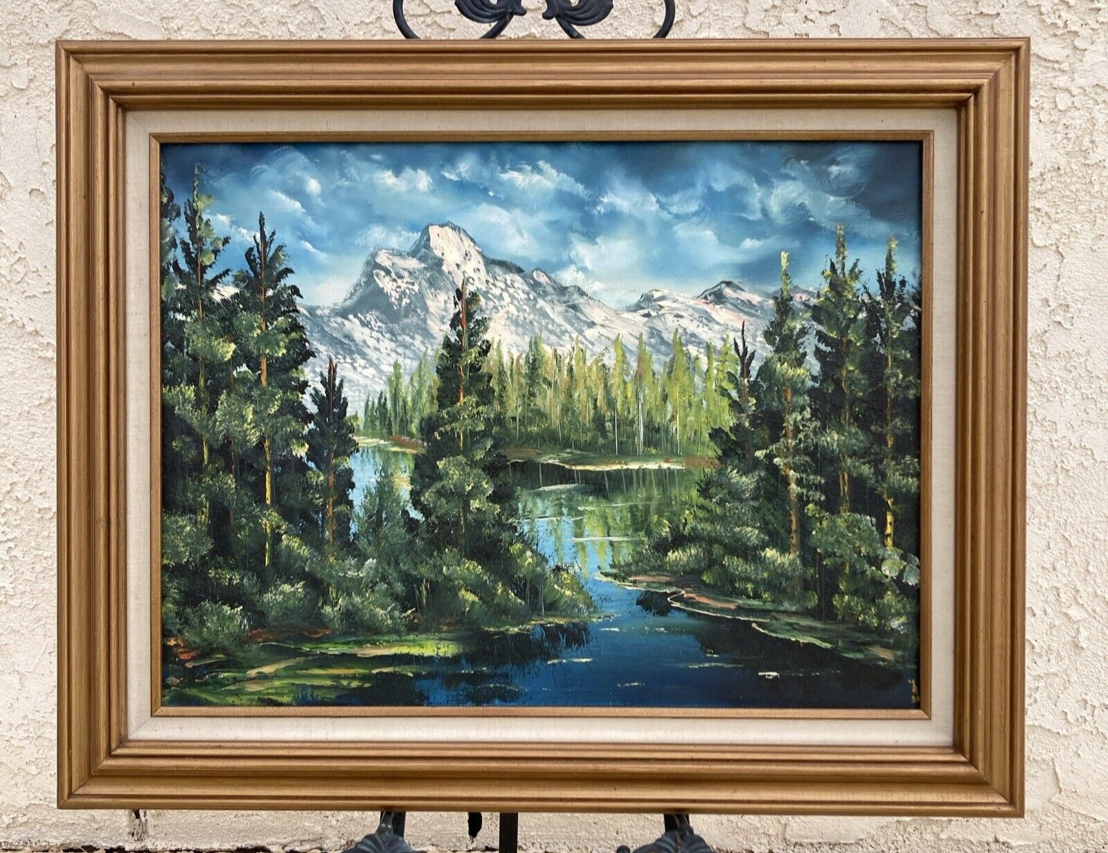 Mountain Landscape Oil Painting Snow Lake Trees Framed Signed 24 x 30 Vintage