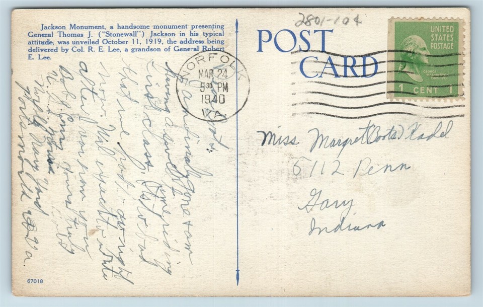 Postcard VA Richmond Virginia Confederate Monument Stonewall Jackson