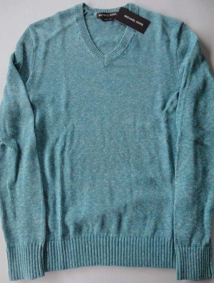 NWT Michael Kors Lagoon GREEN V-neck Long Sleeve Linen/Cotton Sweater - Image 2 of 3