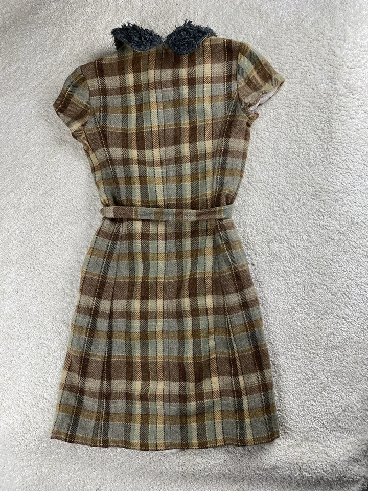 Tocca Dress Women's 6 Brown Plaid Wool Faux Fur Collar Short Sleeve Pencil Retro - Image 2 of 4