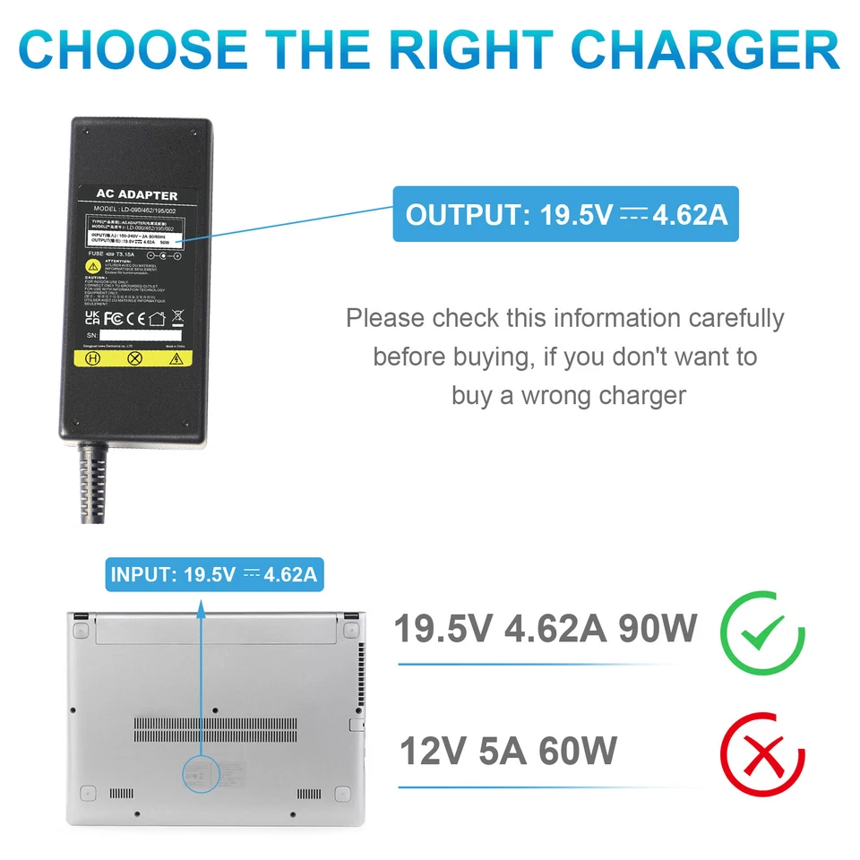 90W AC Adapter Charger For Dell Inspiron 20 22 24 32 3480 3059 3052 5488 5459 US - Image 3 of 4
