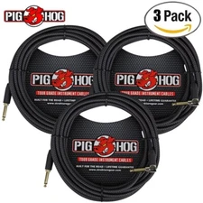 3-PACK Pig Hog 20FT PCH20BKR Black Woven 1/4" Straight- Right Angle Guitar Cable