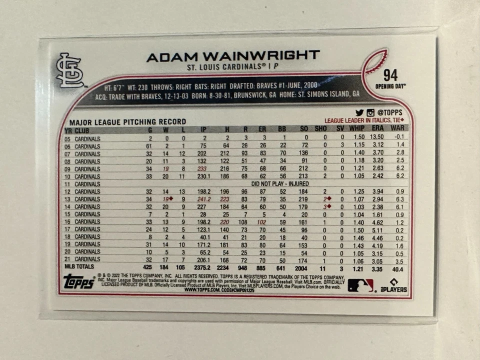 #94 Adam Wainwright St Louis Cardinals 2022 Topps Opening Day Baseball Card - Image 2 of 2