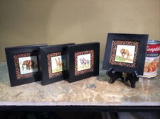 Set of 4 Miniature 4”x4”  African WILD ANIMALS Black Wood Frames Gift Quality
