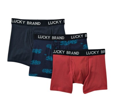 NIB Lucky Brand Men's Underwear 3 Pack S & L Stretch Boxer Briefs Blue Red  Bear 