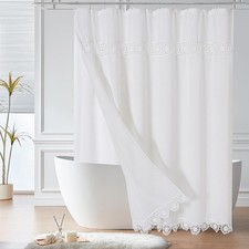 Boho Farmhouse Shower Curtain Set, Linen Cotton Fabric Shower Curtain with