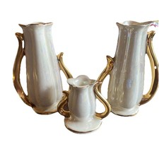 3 Piece Vintage Hand Decorated Pearl & 22k Set 2 Vases & Candle Holder EUC