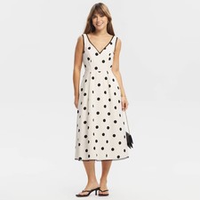 Women Contrast Lace Trim Midi Dress - A New Day Cream Polka