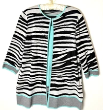 Ming Wang M Knit Twinset Jacket Black White Zebra Shell Aqua Closure at Neck