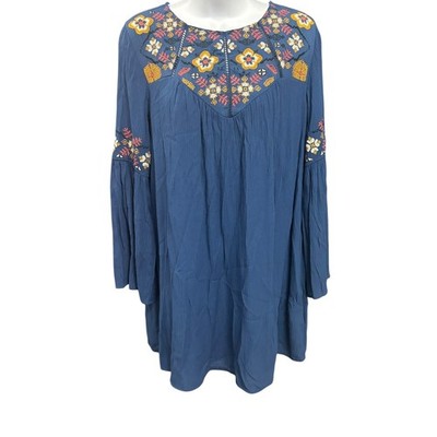 Francescas Blue Rain Embroidered Bell Sleeve Tunic Top Womens XS NWT