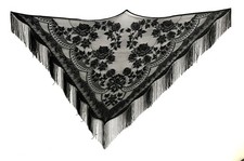 Lace Shawl Wrap Black 68" x 39" Victorian Style Fringed Prom Beach Party