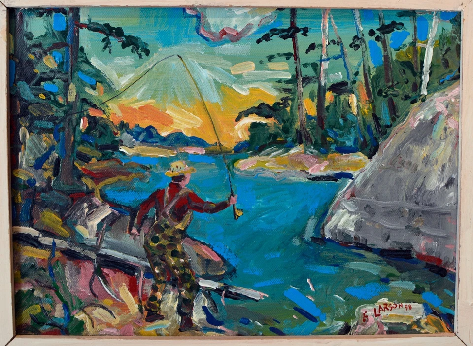 Ed Larson Folk Art sporting painting circa 1998, 13.5 x 16.5 - Image 2 of 2