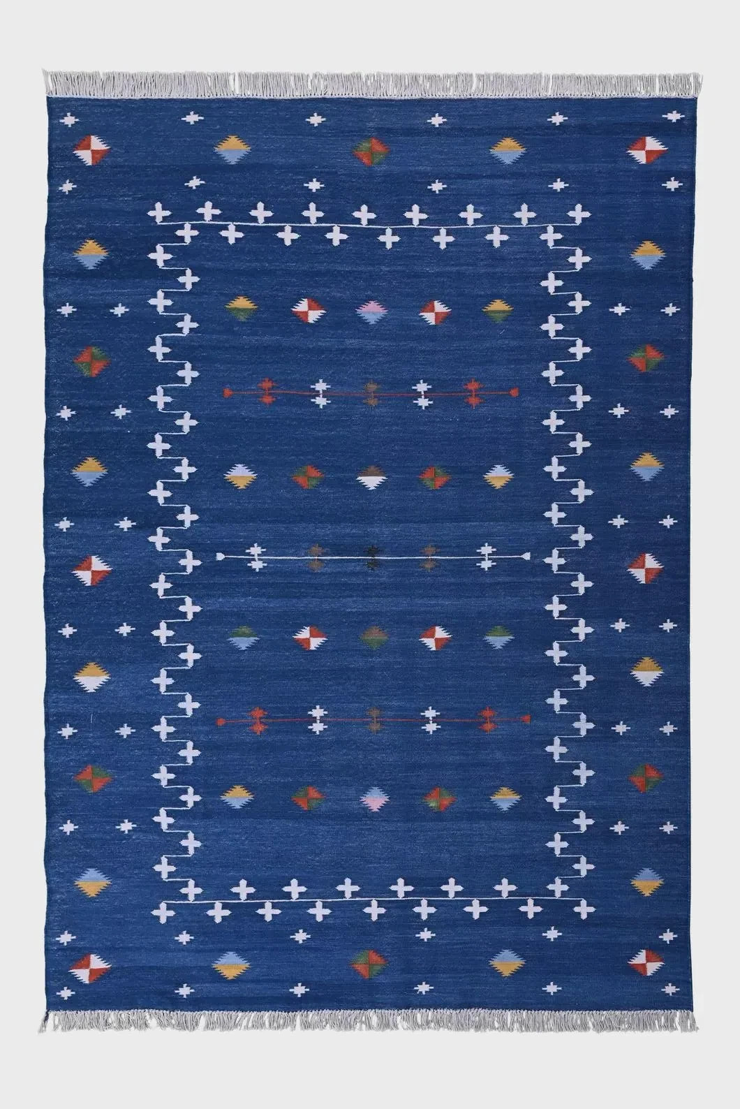Geometric Handwoven Wool Jute Kilim Rug Color Blue Multi Design Area Carpet Rug