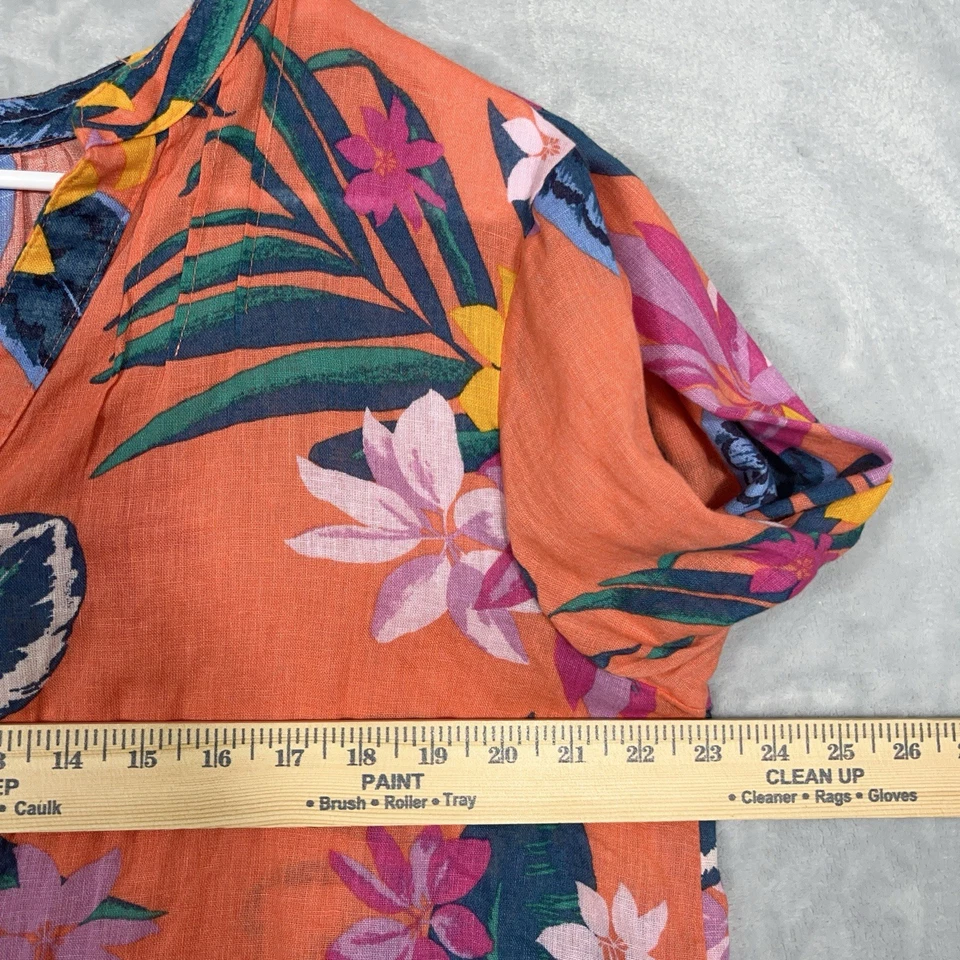 Old Navy Linen Blend Orange Floral Print V-neck Long Sleeve Top Sz L - Image 3 of 4
