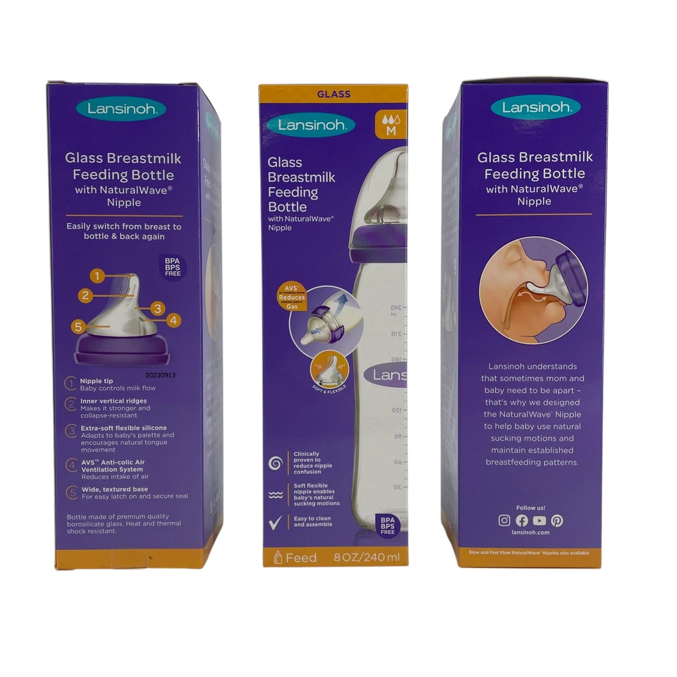 Box of 6 Lansinoh Glass Breastmilk Baby Bottle 240ml 8OZ Medium flow - Image 3 of 4