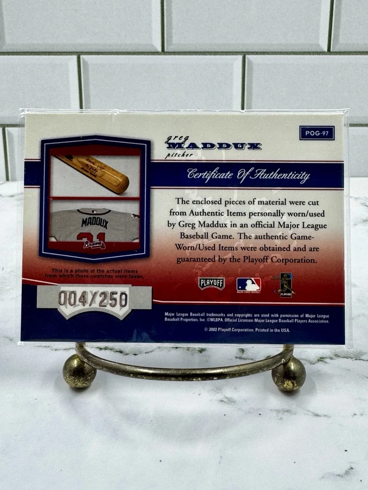 Greg Maddux 2002 Playoff Peice Of The Game 4/250 Juego Usado Bate y Jersey Foto 2 de 4