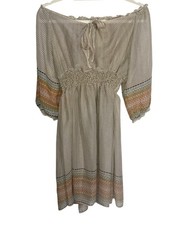 Kaneko Collection Geometric Smocked Waist Dress Multi Tie Neck Bohemian Cottage