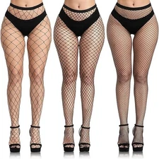 Buauty 3 pcs black fishnet stockings for women, fishnet tights plus size one siz