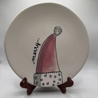Rae Dunn Magenta Holiday Sandwich Plates 2 Merry Santa Hat 8 Inch