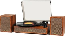 Vinyl Record Player with External Speakers, 3 Speed Bluetooth Light Brown 