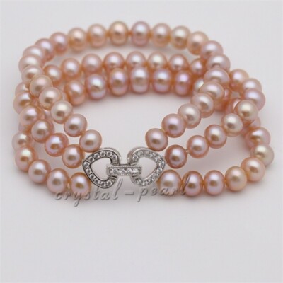 3 rows AAA South Sea 7-8 mm pink  Pearl Bracelet 7.5-8''  silver clasp