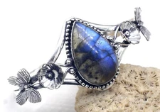 925 Sterling Silver Labradorite Gemstone Handmade Jewellery Cuff Bangle S -ADJ
