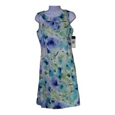 Chaps Women's 6 Floral Dress Blue Teal Grn Wht Keyhole-Round Collar Sleeveless