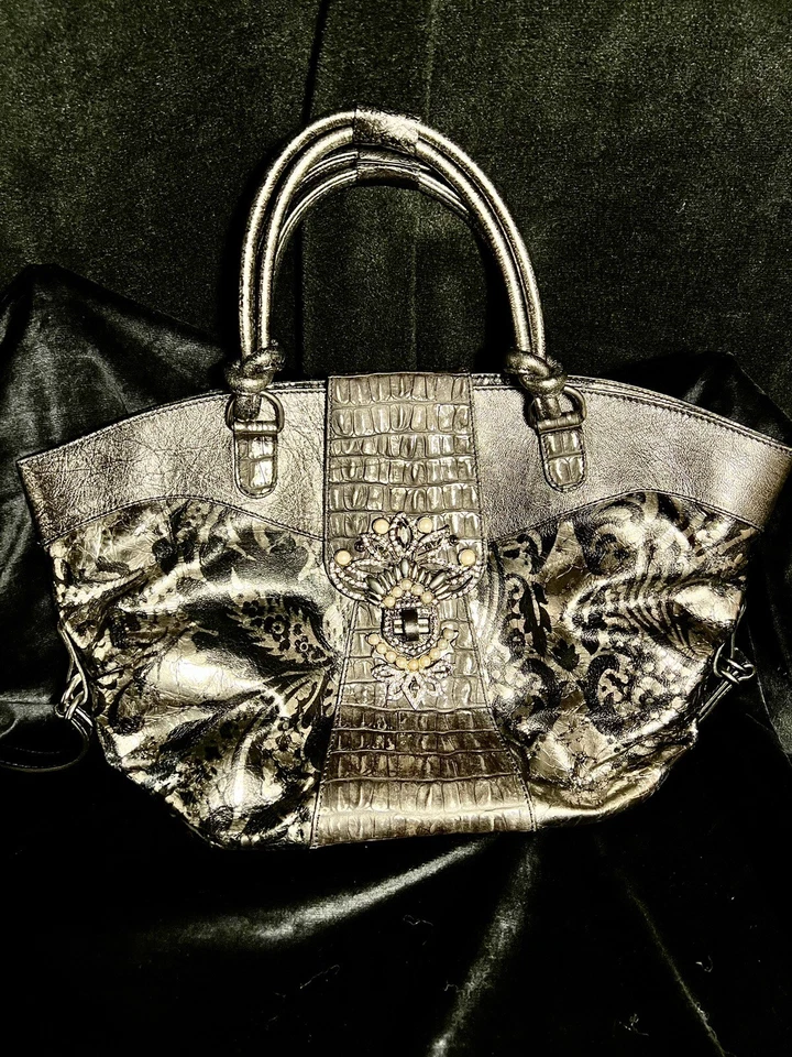 BRACCIALINI Cuero Genuino Repujado Hecho en Italia Crock Estrás Perlas Imitadas Foto 3 de 4