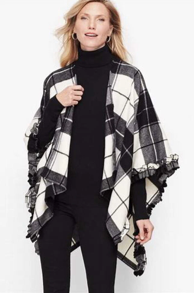 $119 NEW TALBOTS RUANA PONCHO SHAWL BLACK IVORY WOOL BLEND PLAID RUFFLE XS/S