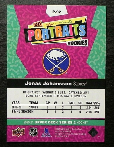 2020-21 20/21 Upper Deck UD Portraits ROOKIE P-92 Jonas Johansson Sabres - Picture 2 of 2