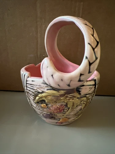VTG 1955 Hull Pottery T2, Pink& Black Basket Blossom Flite W/Gold Overlay