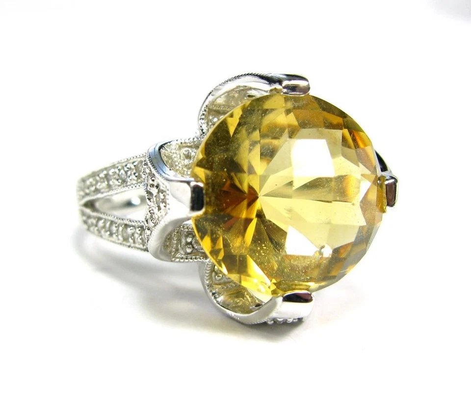 Anillo de compromiso Estate para mujer cóctel 5 quilates miel citrino diamante oro blanco 14K Foto 4 de 4