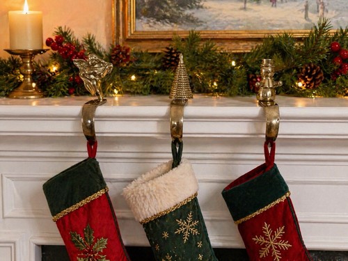 Vtg Indian Brass Christmas Stocking Holders Set 3 Angel Snowman Tree Mantel