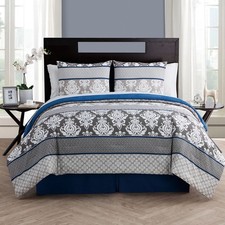 8-Piece Blue Damask Bed in a Bag Bedding Set Queen Size Comforter and Sheet Set