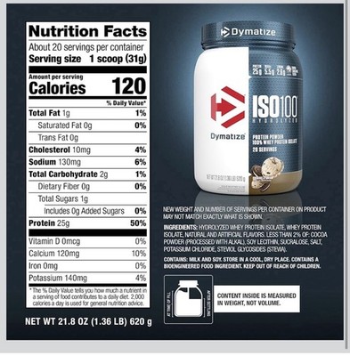 Dymatize ISO100 Hydrolyzed Whey Isolate Cookies & Cream 1.36lb 20Sv