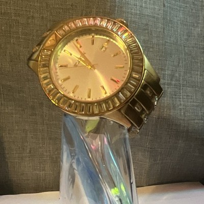 Elgin Gold Tone Quartz Dress Watch Gem-Set Bezel Water Resistant 100ft