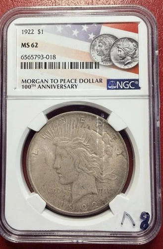 1922 $1 Peace Dollar. NGC MS-62. Free Shipping
