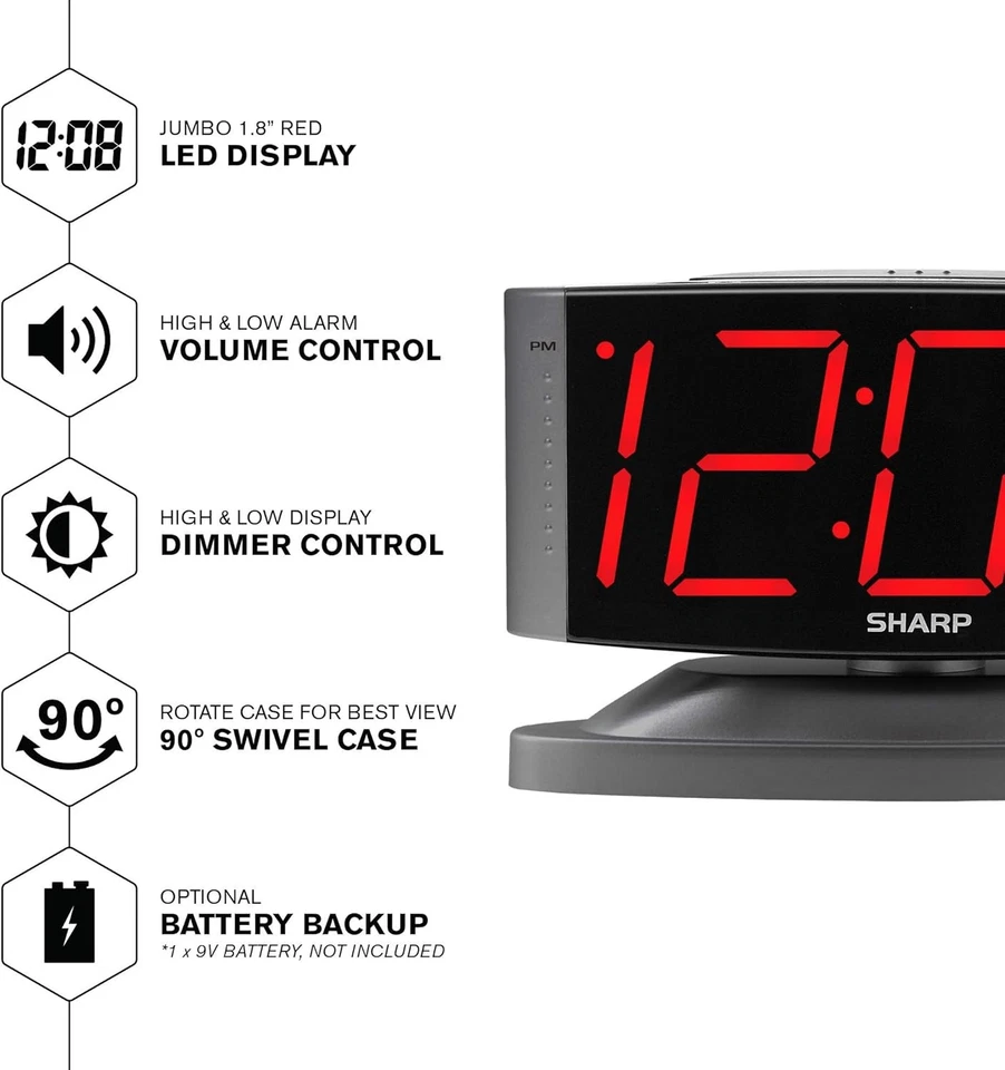 SHARP Home LED Digital Alarm Clock – Swivel Red Led - Gun Metal Grey Case  - Image 2 of 4