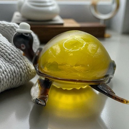 Vtg Murano Style Hand Blown Crackle  Glass Turtle W/Hat Figurine Amber Shell 9”