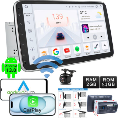 Double 2 DIN Rotatable 10.1'' Android 13 Touch Screen Car Stereo Radio GPS Wifi