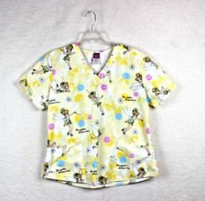 DISNEY Tinker Bell Scrub Top Yellow Cotton Medical V Neck Womens Size Medium