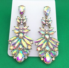 AB Crystal Rhinestone Flower Leaf Dangle Drop Earrings