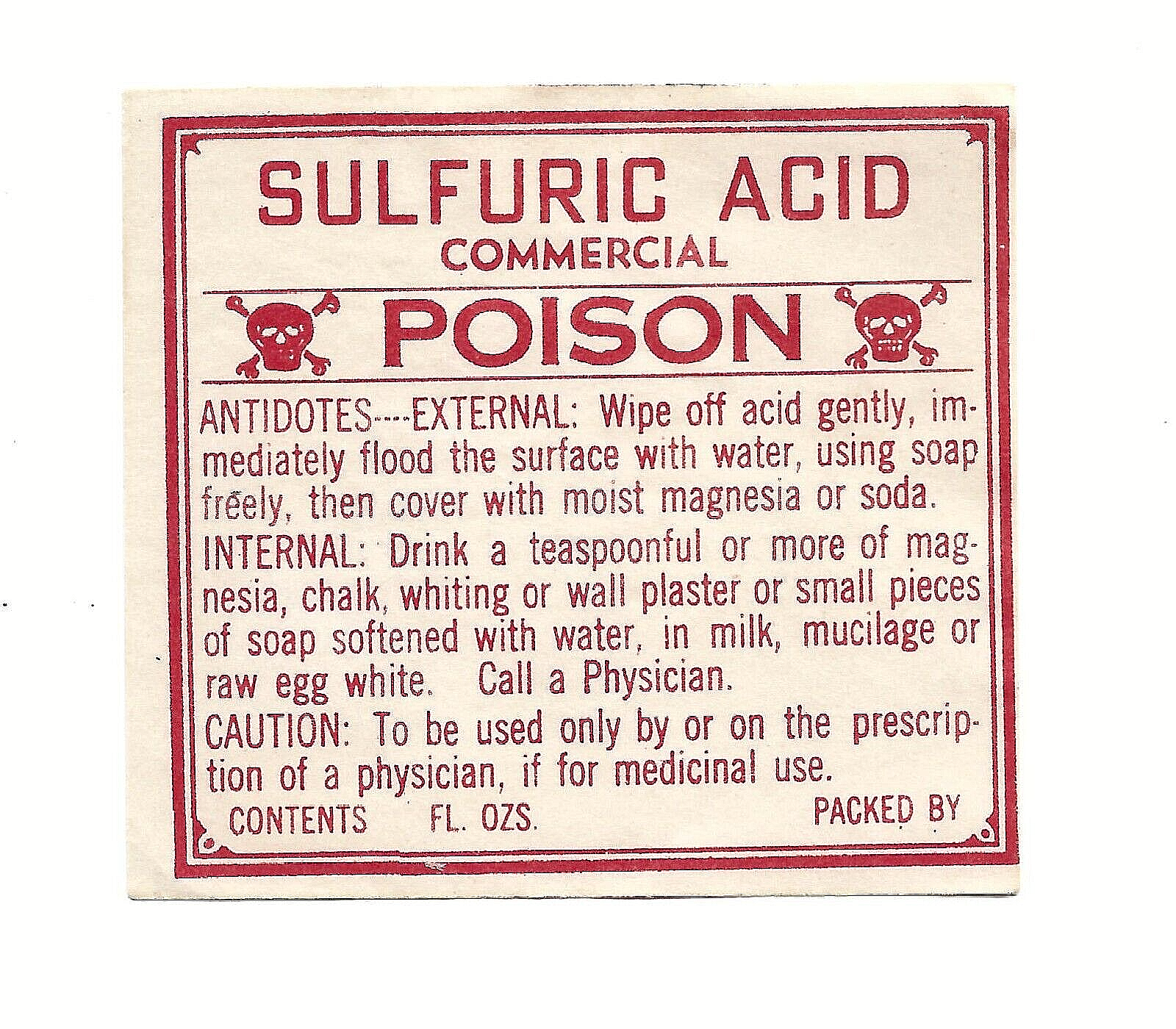 VINTAGE PHARMACY/DRUG STORE POISON LABEL~SULFURIC ACID/SKULL ...