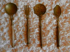 Antique BRASS/WOOD SERVING CUTLERY KITCHEN UTENSILS - high.25 cm