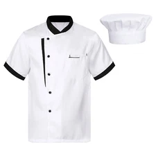 Mens Chef Jacket Coat Uniform Kitchen Short Sleeve Jackets Work Cook Top +Hat