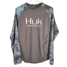 HUK Performance Fishing Shirt Grey with Blue Camo Size Small Stretch Adult Mens