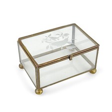 Vintage Mirrored Footed Brass Tone Etched Bird Beveled Glass Trinket Jewelry Box