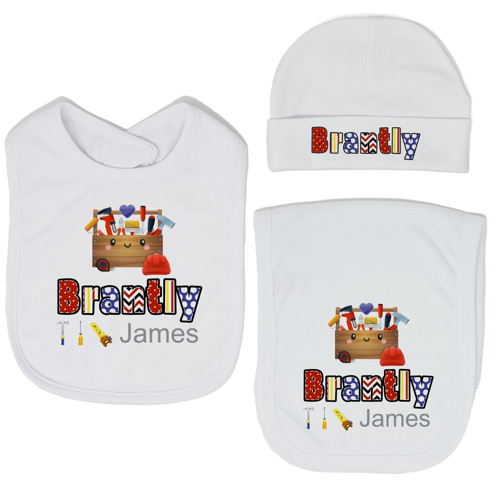 Baby Boy Personalized Custom Tool Box Carpenter 3 Bib and Burp Cloth Set VS2