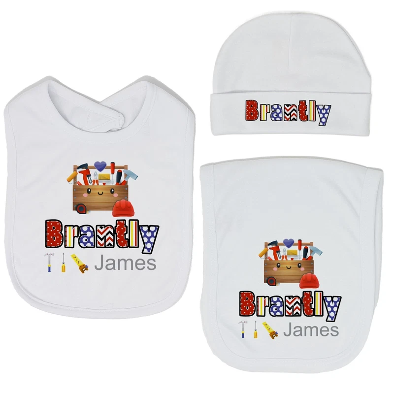 Baby Boy Tool Box Bib and Burp Cloth